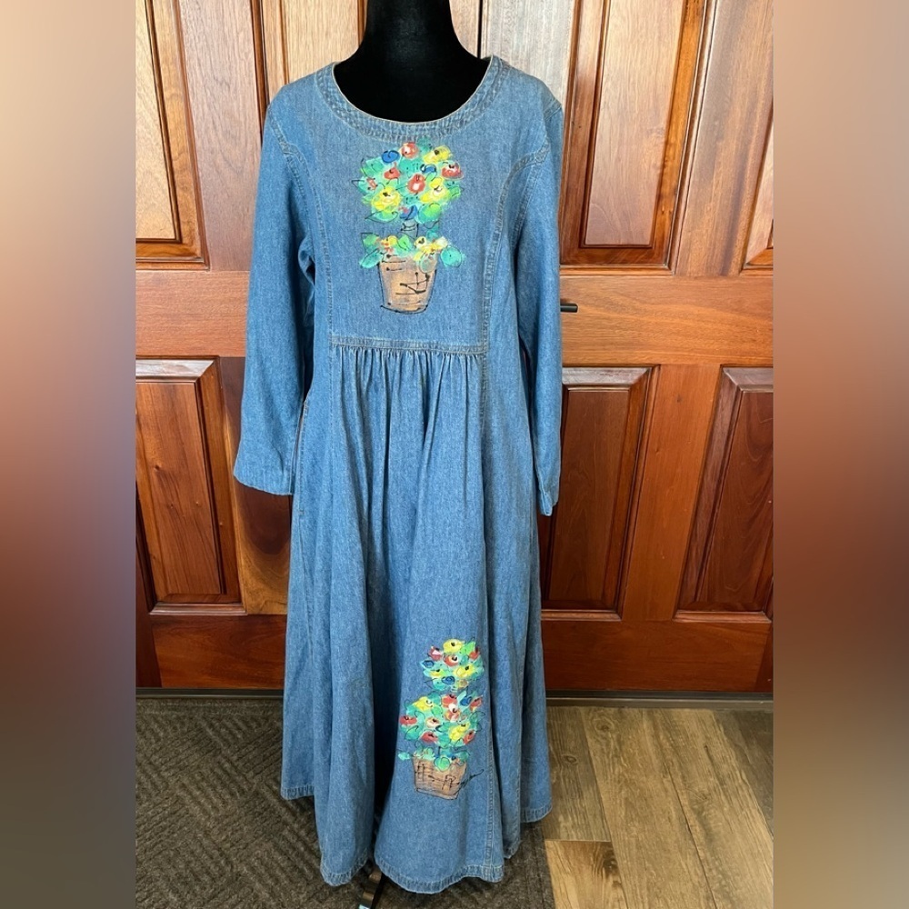 CMC By Color Me Cotton Blue Denim Maxi Dress XS Boho Cottage core Painted VTG